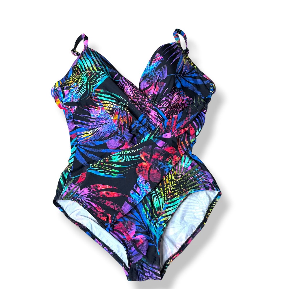 Miraclesuit Bonita One Piece Swimsuit 14 Black Tropical Wrap Front Tummy Control